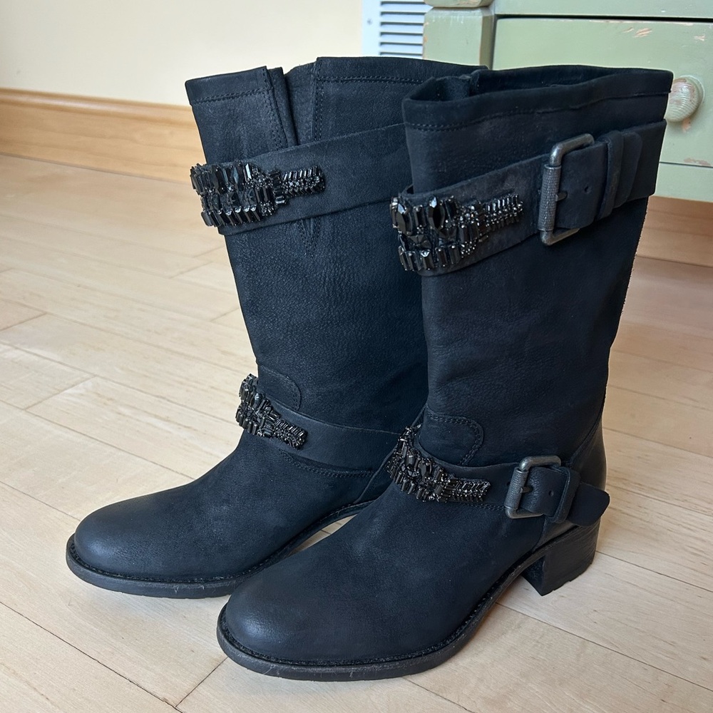 Vera Wang Lavendar Label Black Women's Leather Jeweled Moto Boots Size 7.5